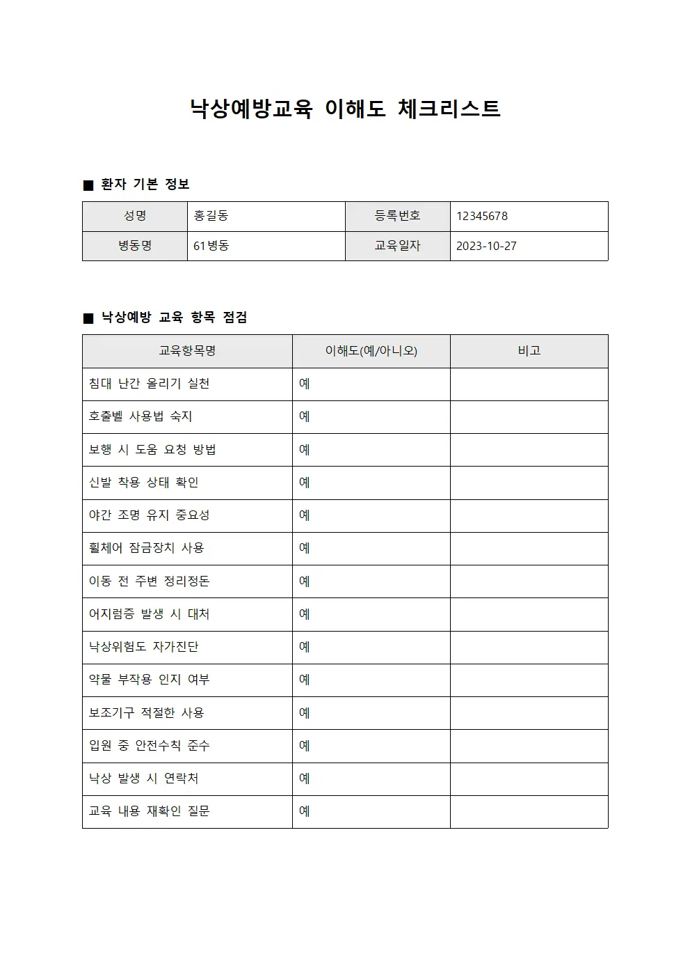 낙상예방교육 이해도 체크리스트