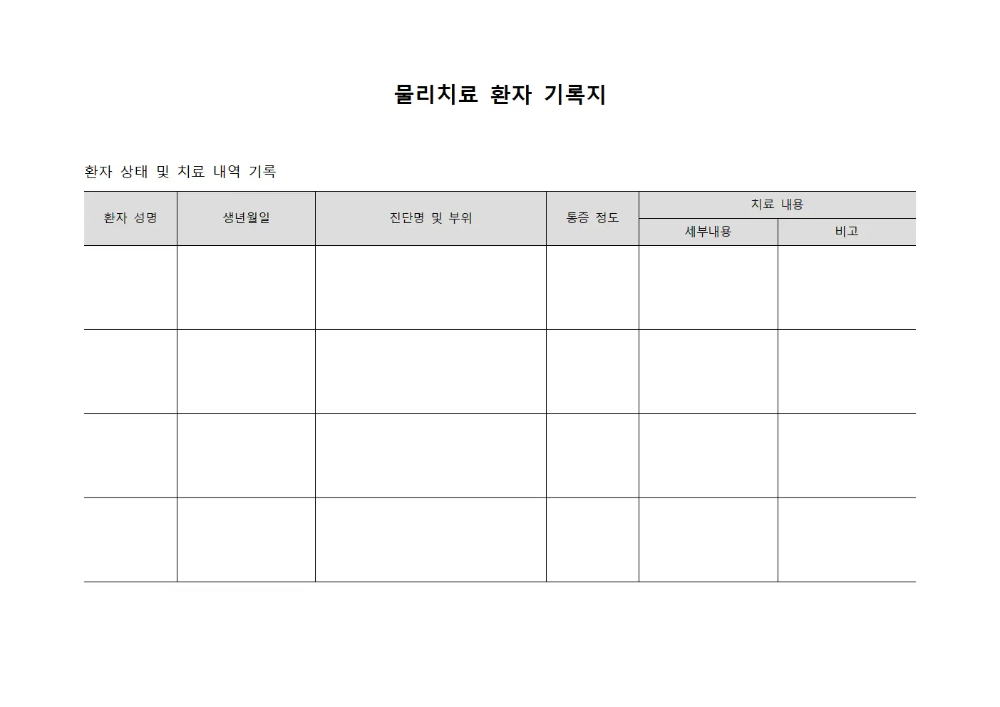 물리치료 환자 기록지