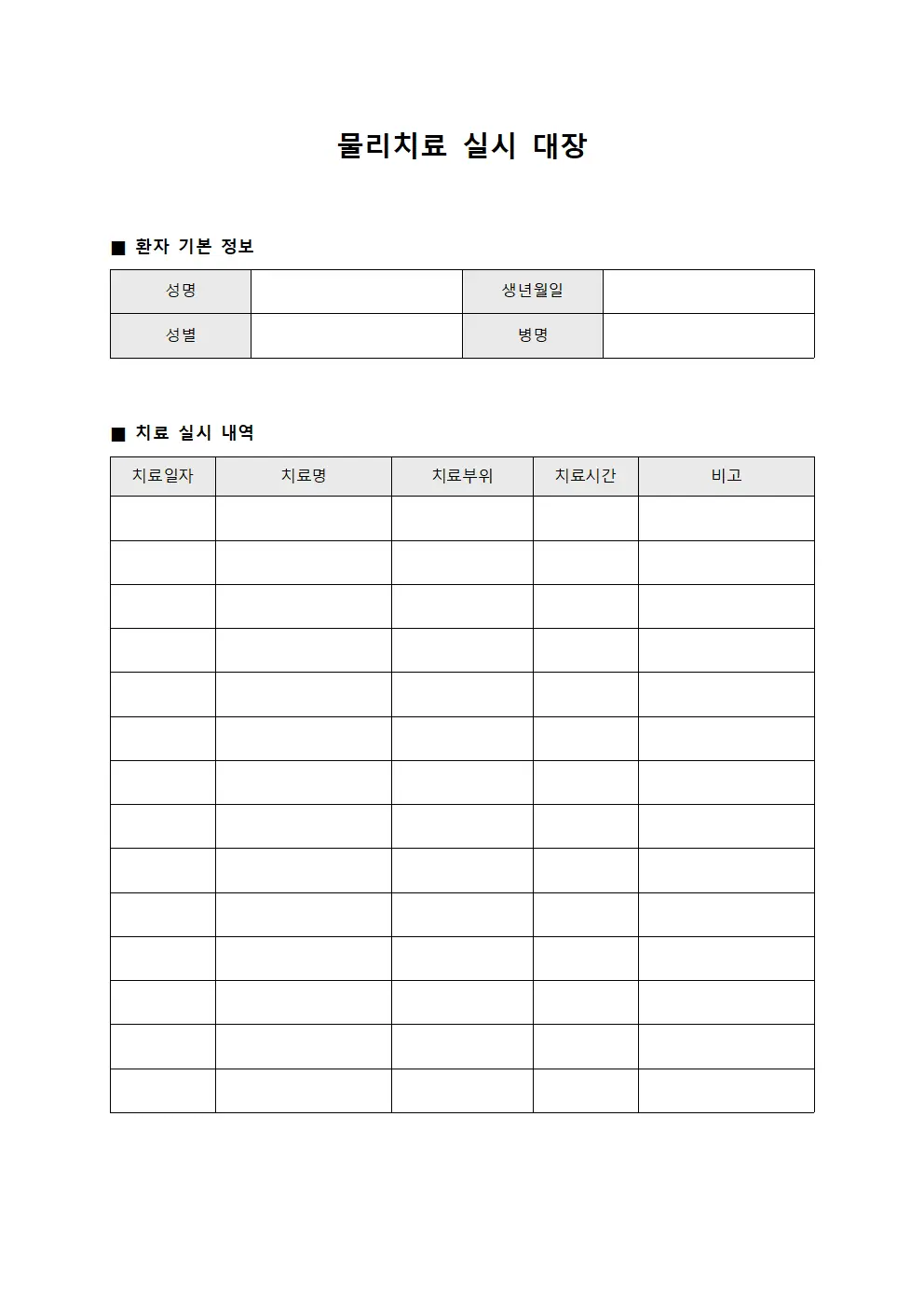 물리치료 실시 대장 서식문서