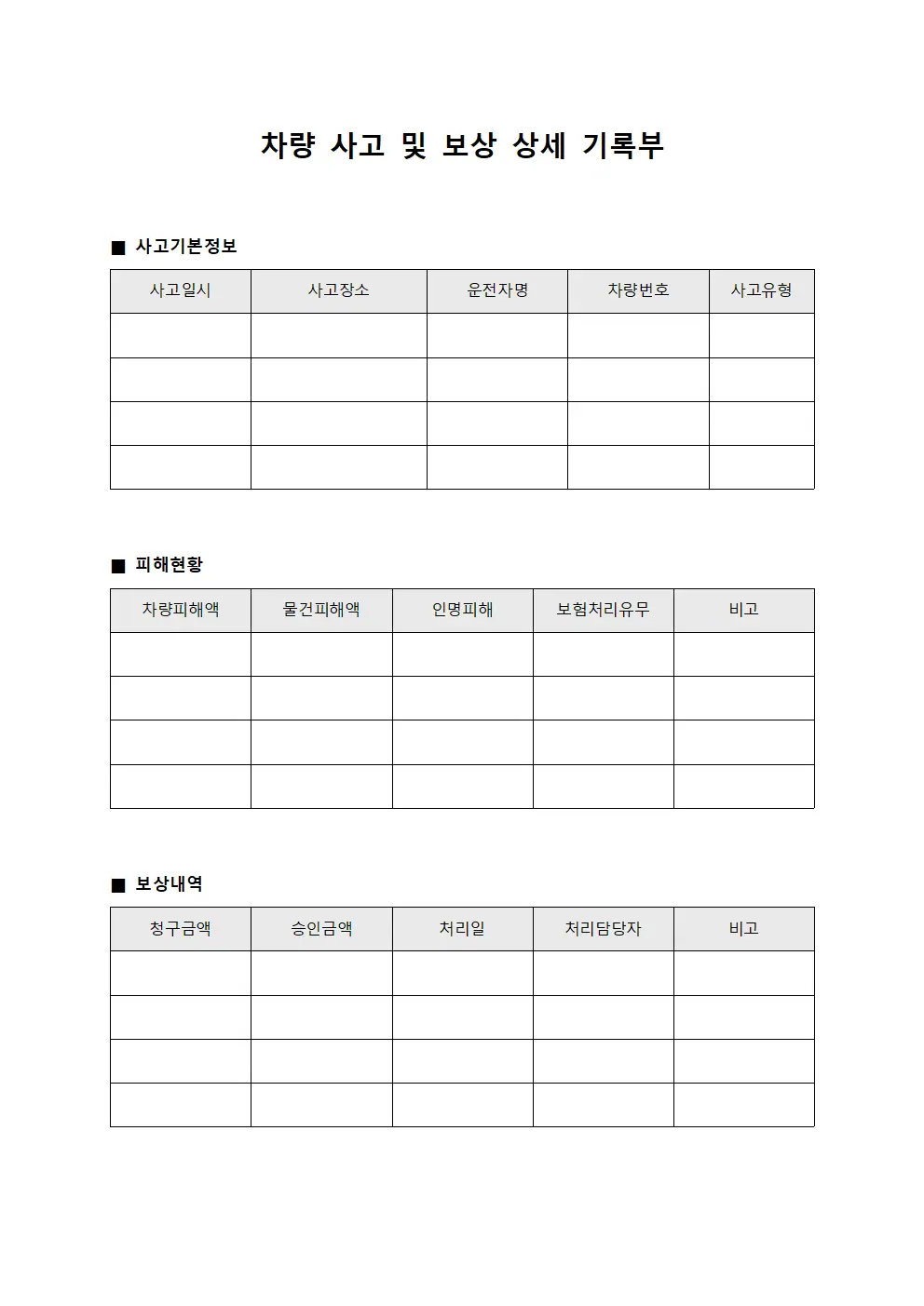 차량 사고 및 보상 상세 기록부 서식문서