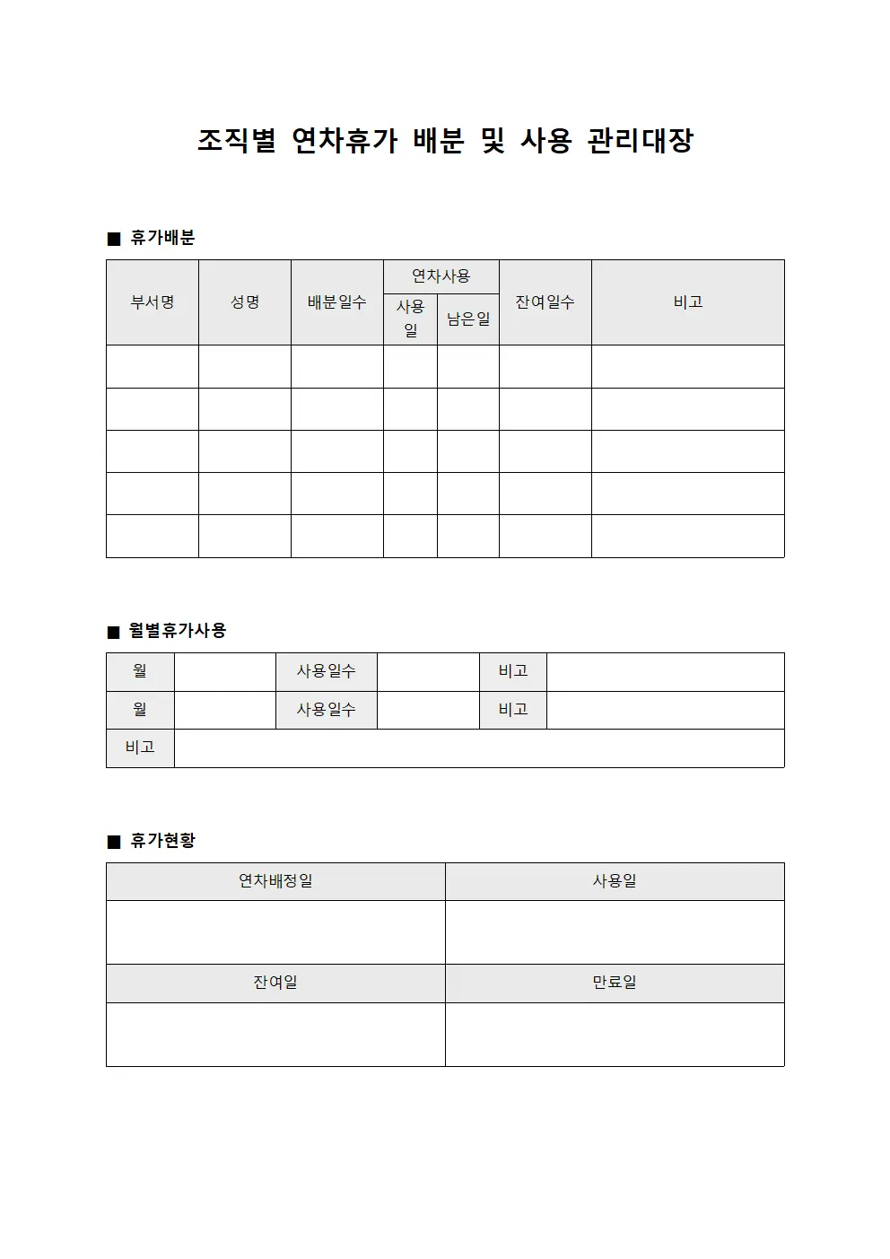 연차휴가 배분 및 사용 관리대장