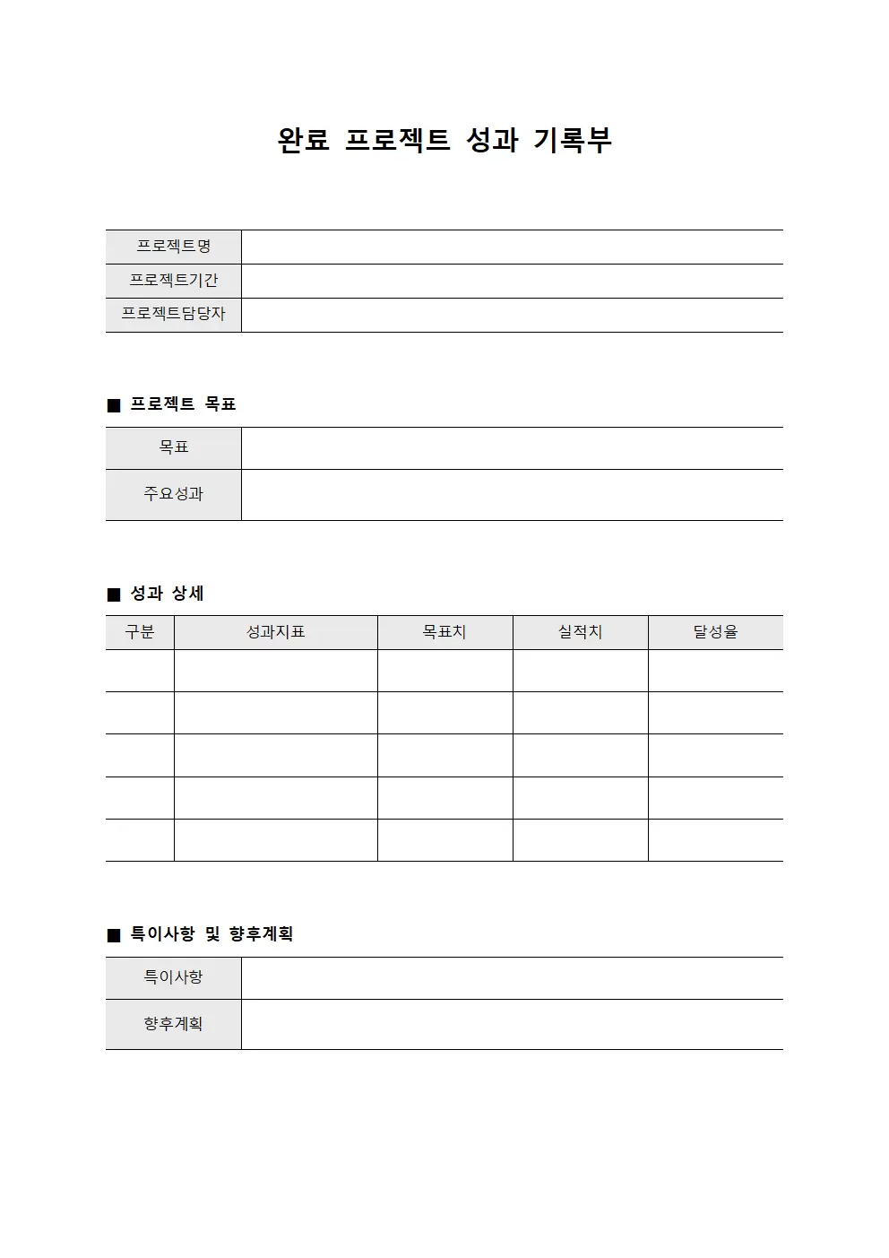 완료 프로젝트 성과 기록부 파일양식