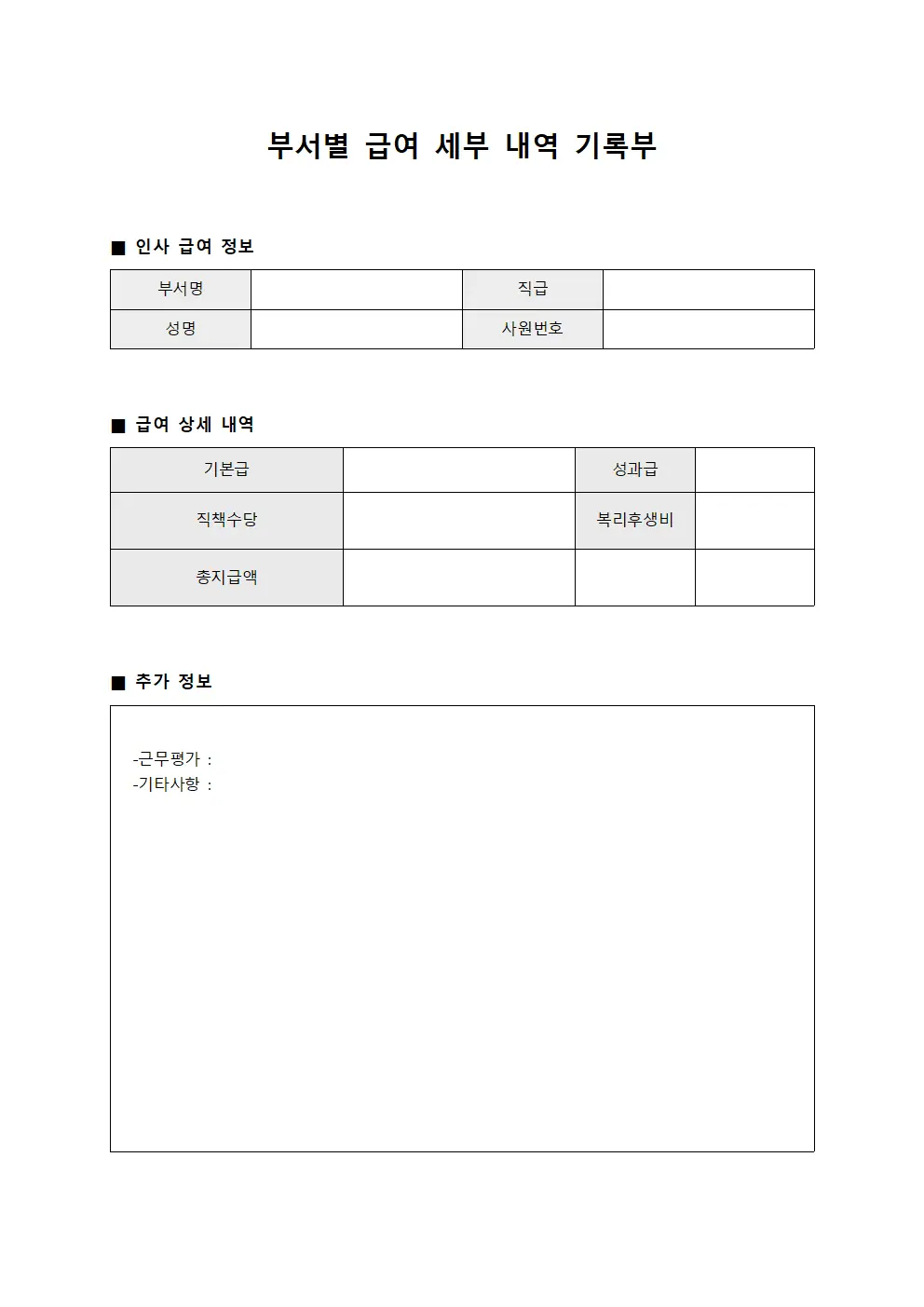 부서별 급여 세부 내역 기록부
