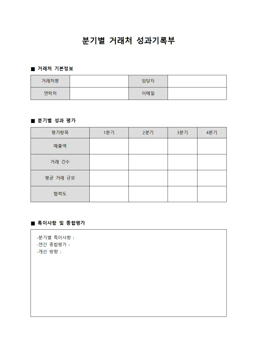분기별 거래처 성과기록부