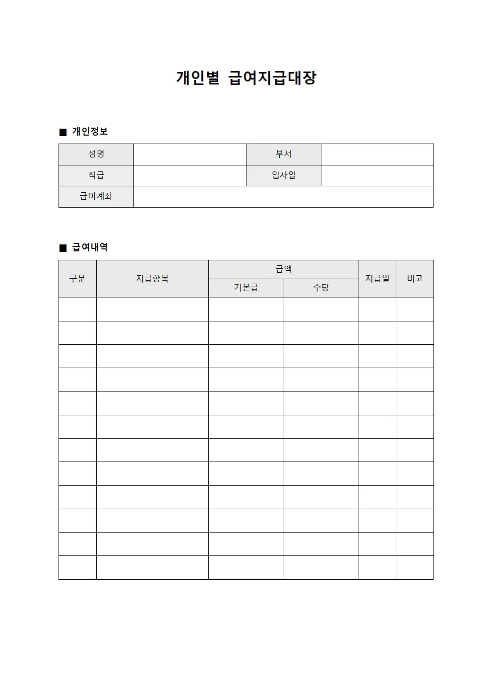 개인별급여지급대장 - 직원 근무 현황