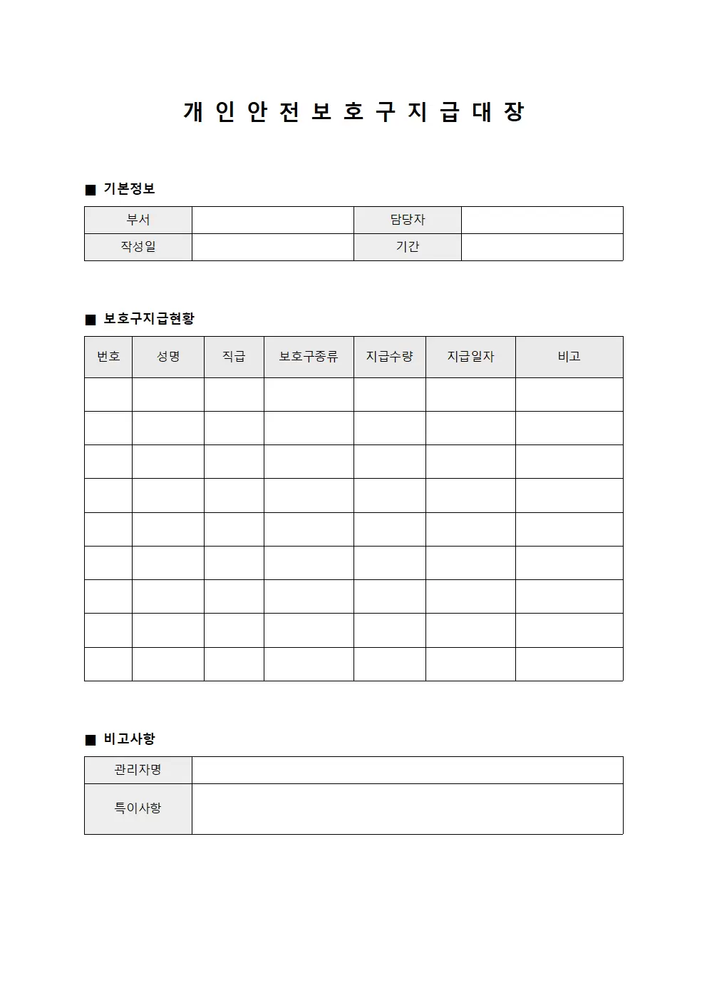근무자 안전보호구지급대장