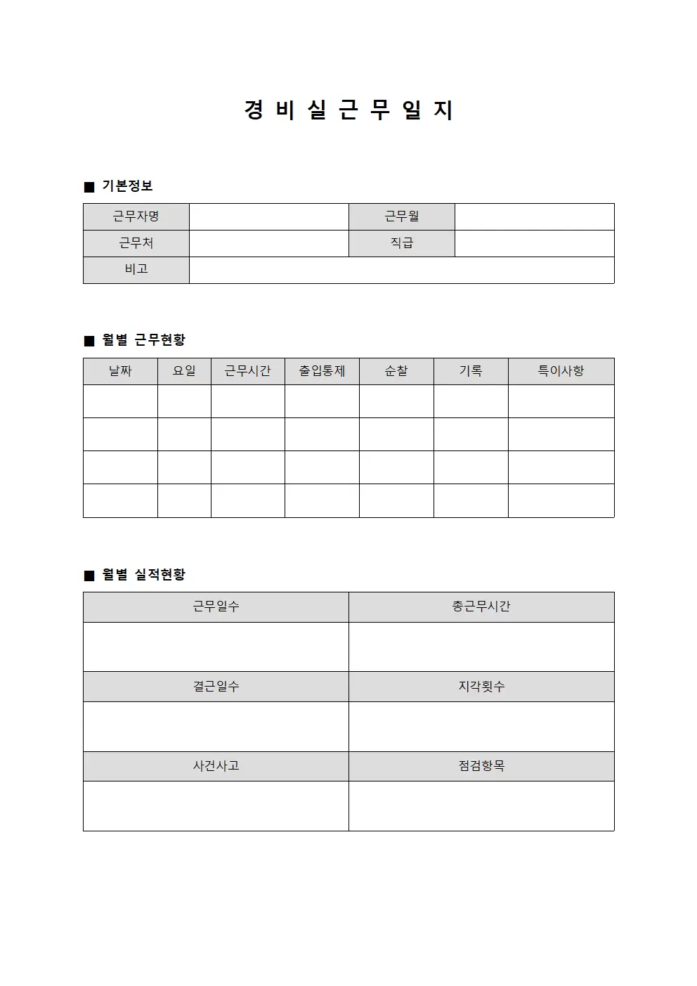 근무상황 경비실근무일지 (월별 실적현황)