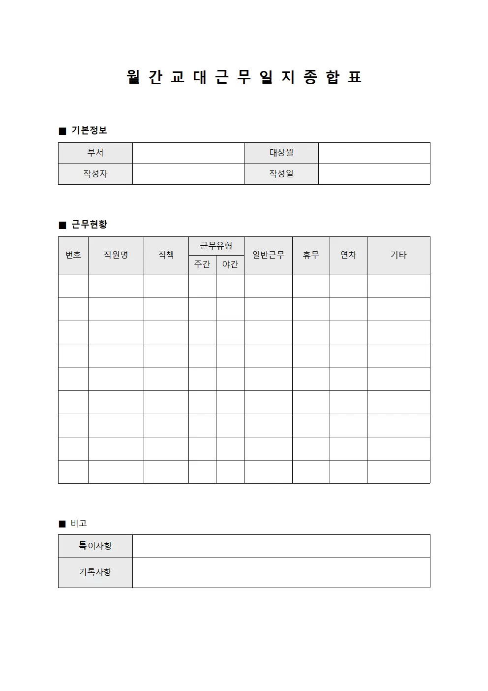 월간 교대근무일지 종합표