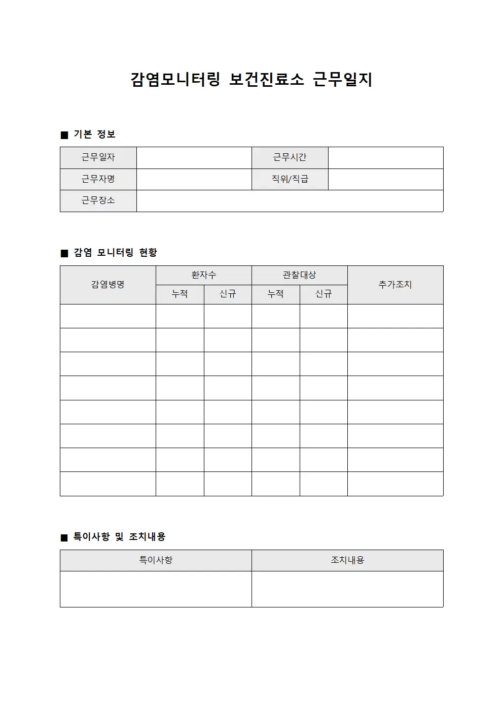 감염모니터링 보건진료소근무일지