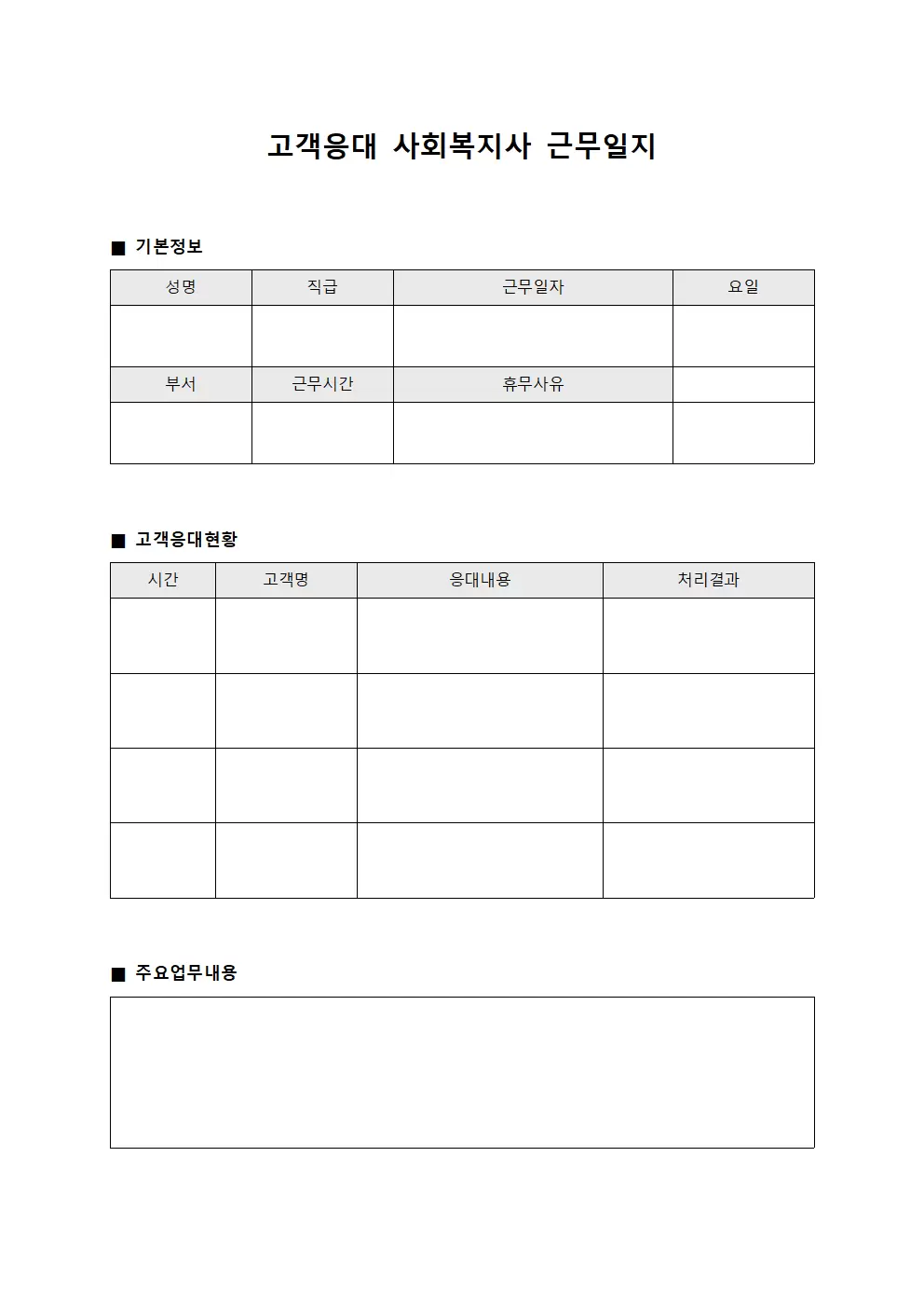 고객응대 사회복지사근무일지