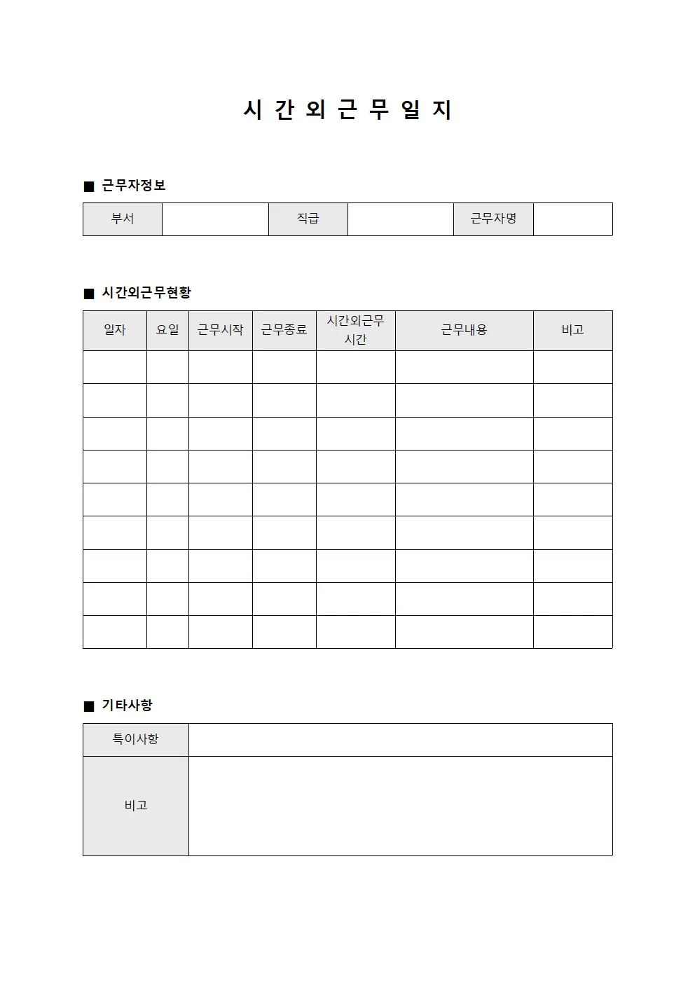 시간외근무일지 (근무자 실적표)