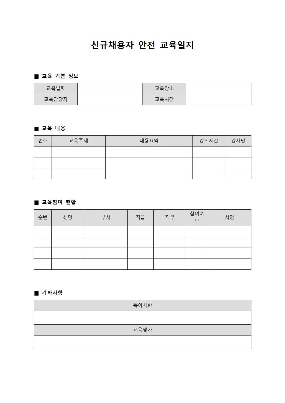 신규채용자안전교육일지 - 조직구성원 현황