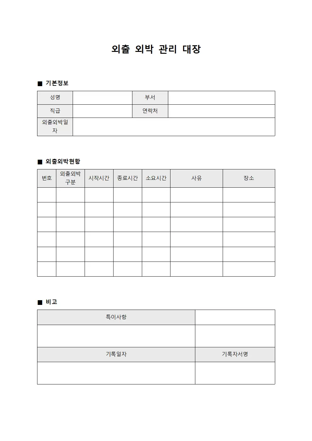 외출외박관리대장 (일일)