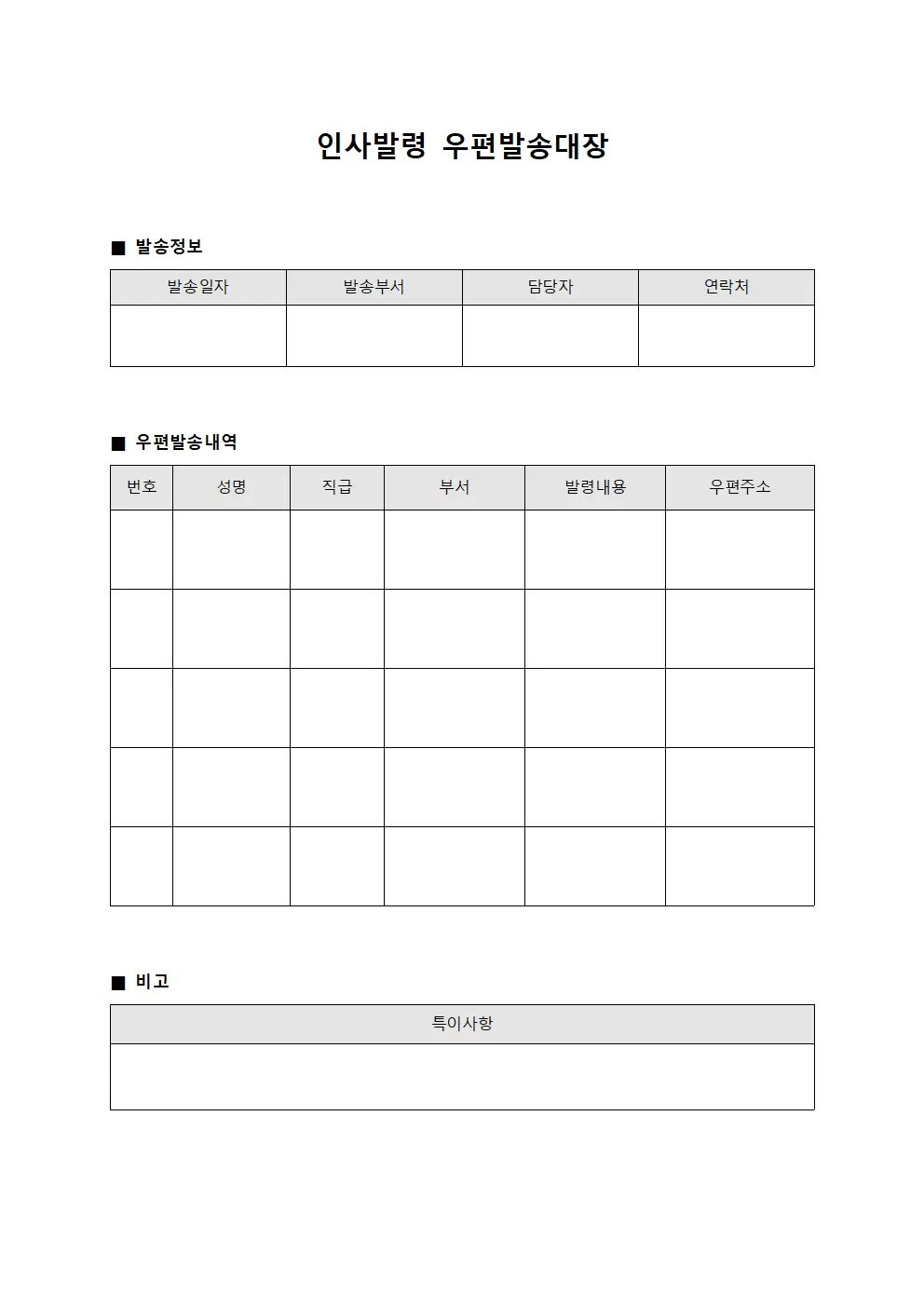 인사발령 우편발송대장