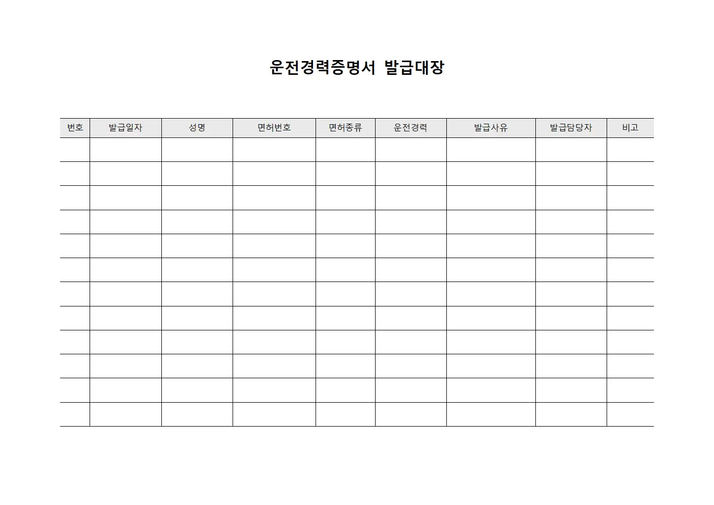 출장차량배정 운전경력증명서발급대장 템플릿