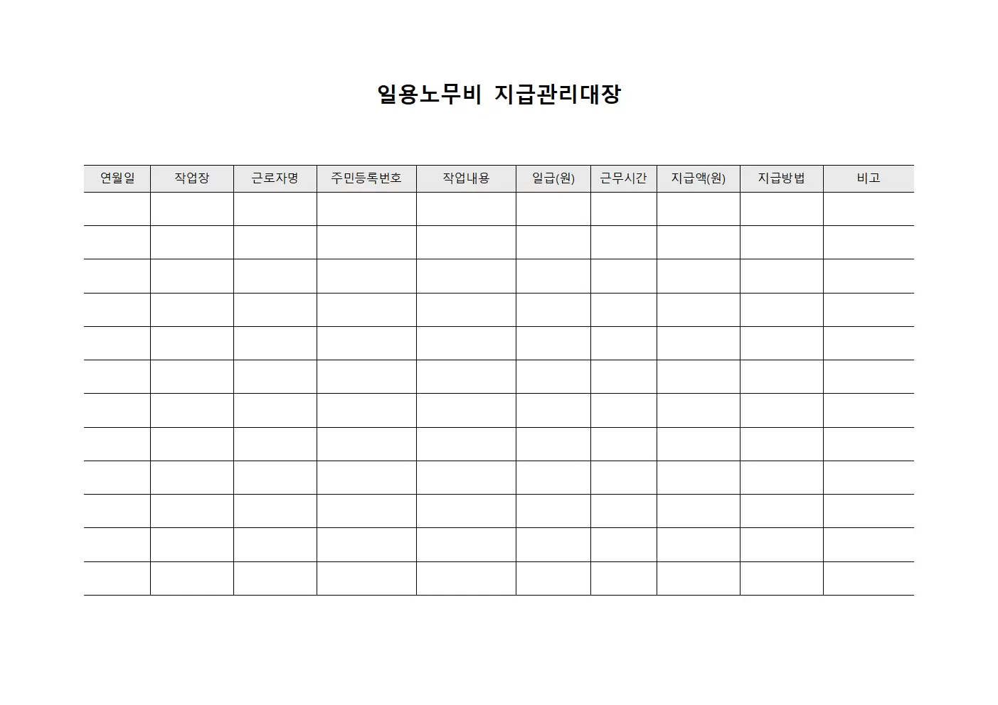 일용노무비 지급관리대장 양식문서