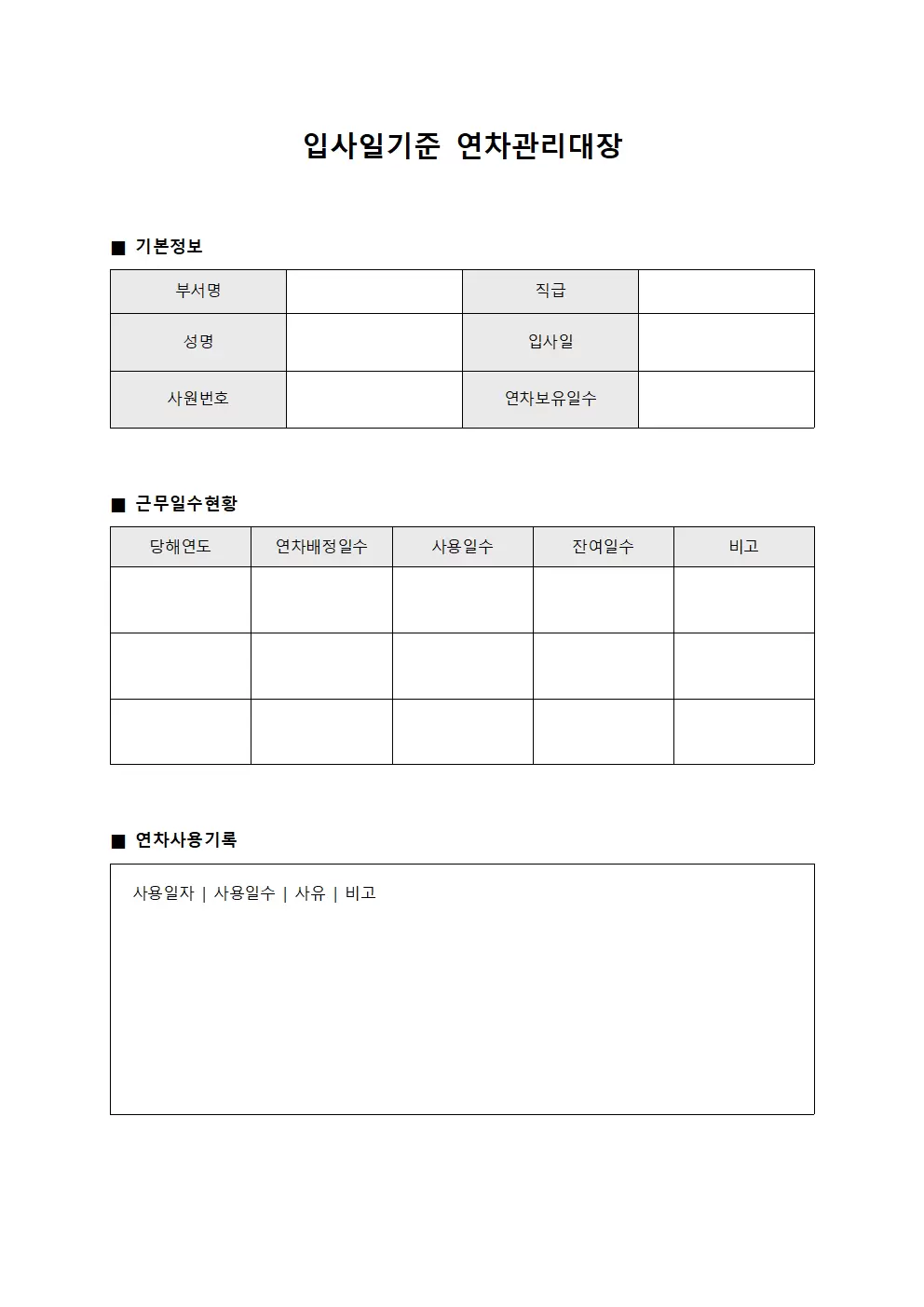 팀원근무일수 입사일기준연차관리대장