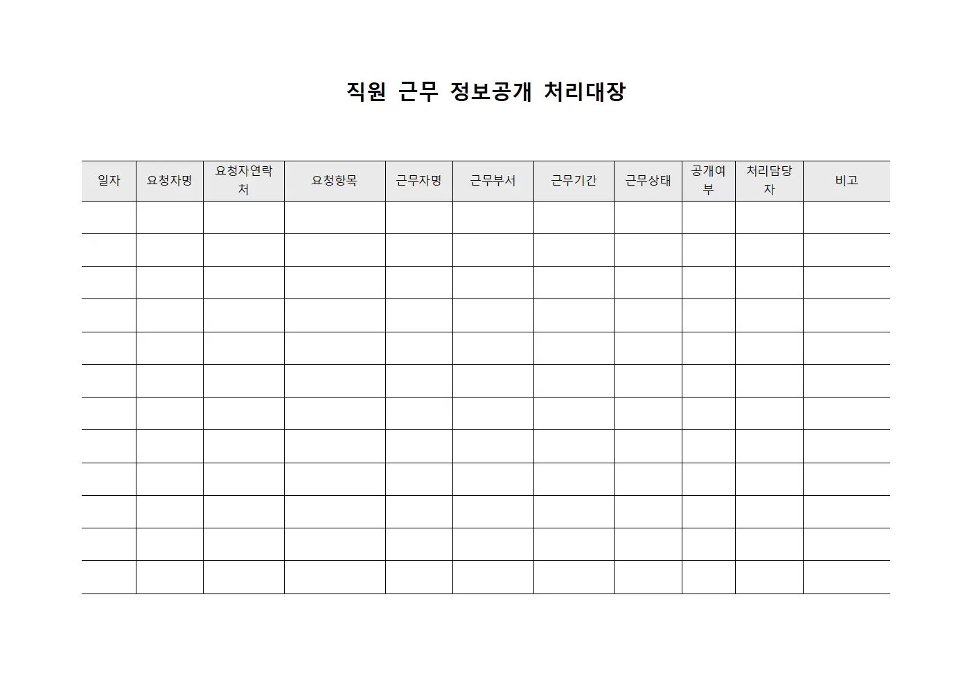 직원근무 정보공개처리대장