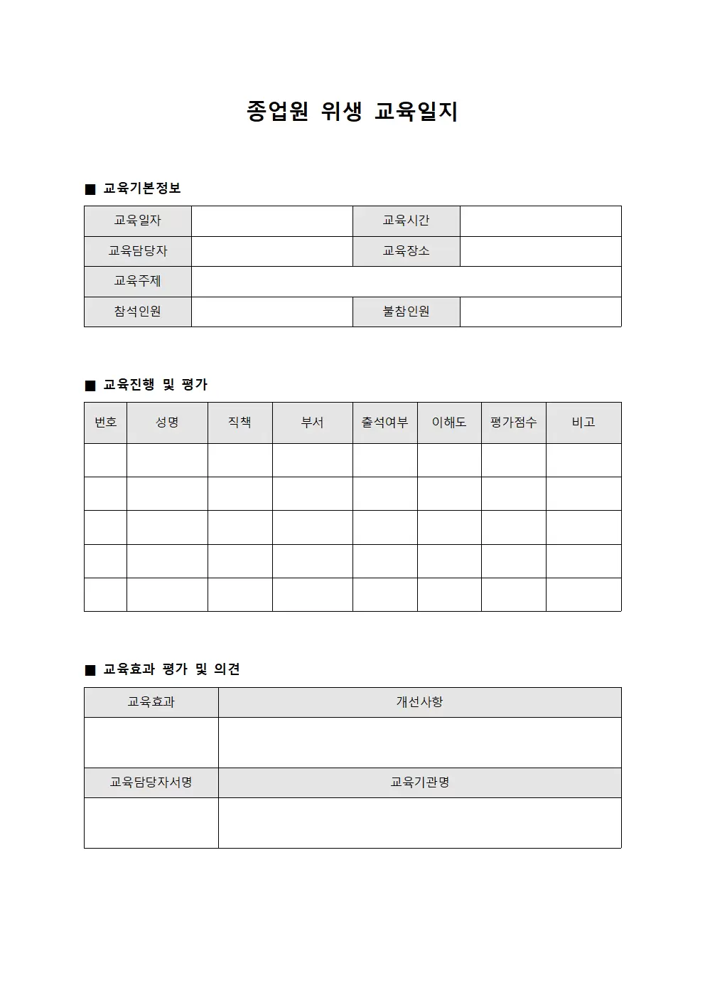 종업원위생교육일지 - 진행 평가대장