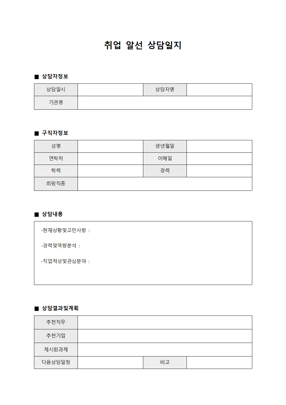 취업 알선 상담일지