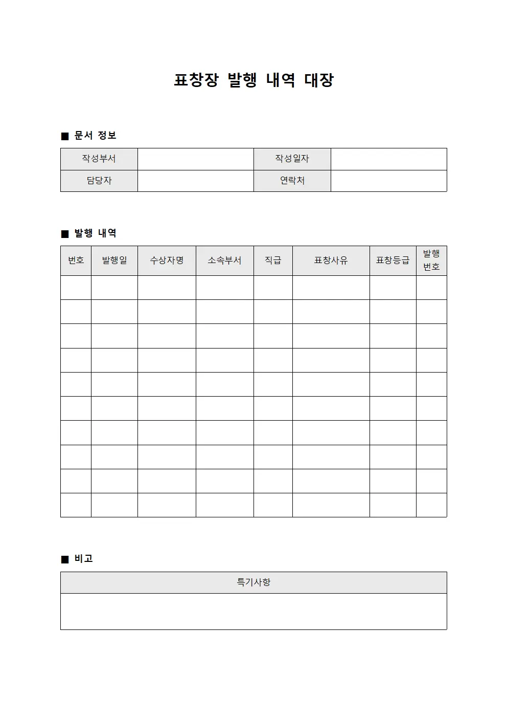 표창장 발행 내역 대장