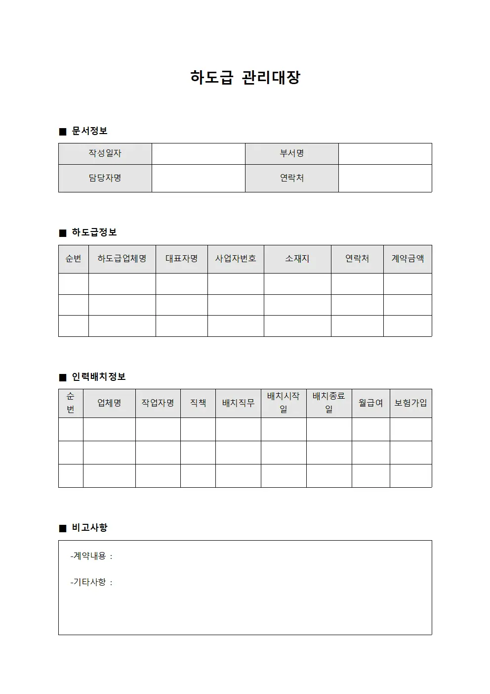 하도급관리대장 (외주작업자인력배치)
