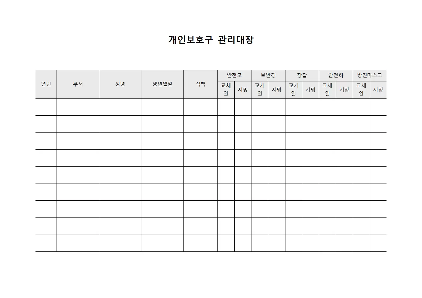 개인보호구관리대장 - 근무인원안전장비교체