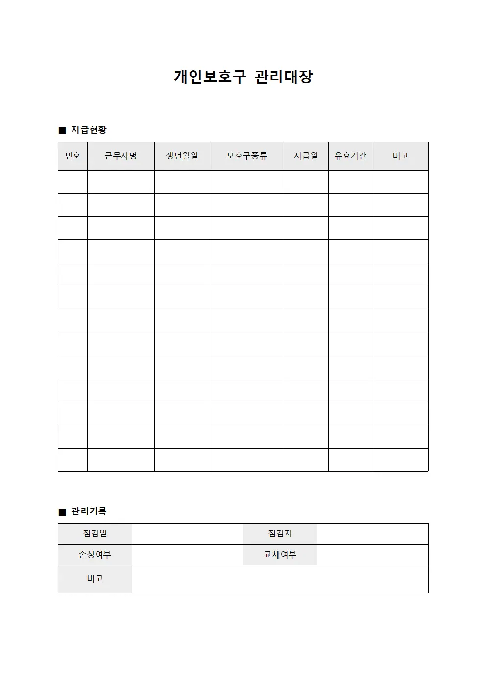 개인보호구관리대장 (근무인원안전용품제공)