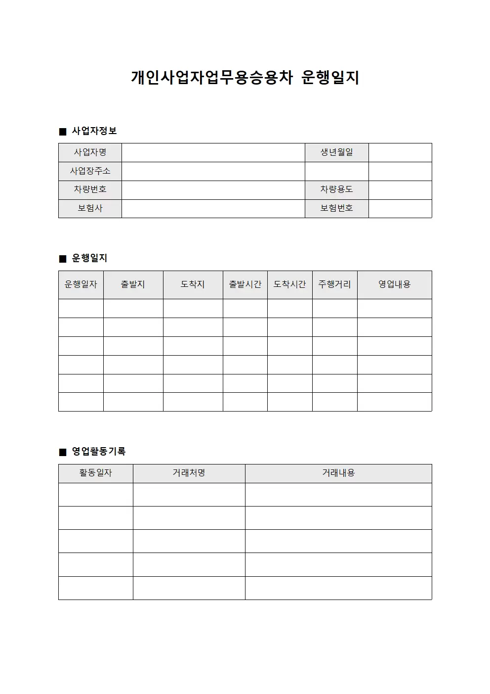 개인사업자업무용승운차 운행일지 및 영업활동