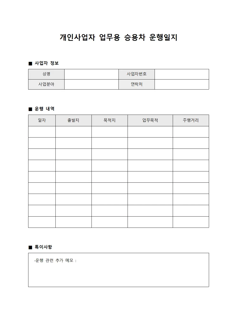 개인사업자업무용승용차운행일지 (강의활동현황)