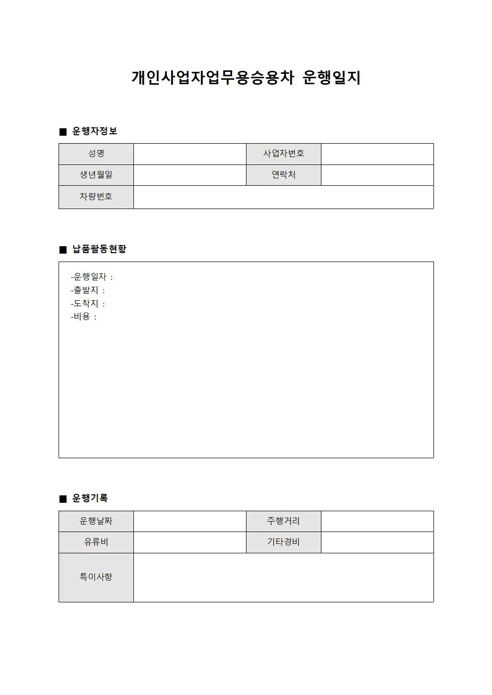 개인사업자업무용승용차운행일지 - 납품활동현황