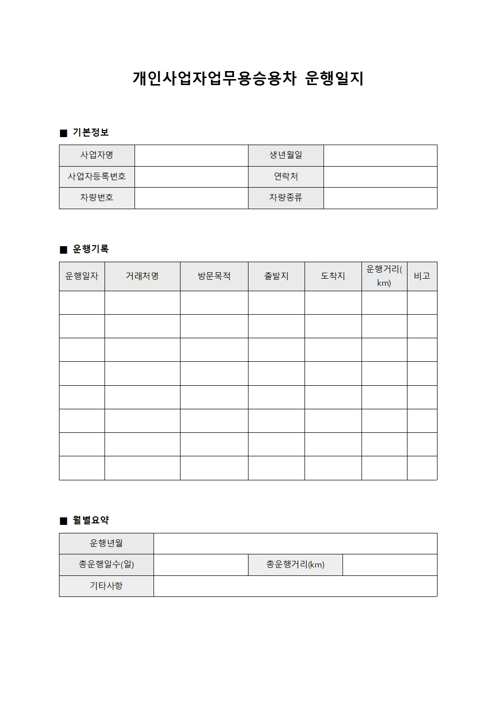 개인사업자업무용승용차운행일지 (거래처방문)