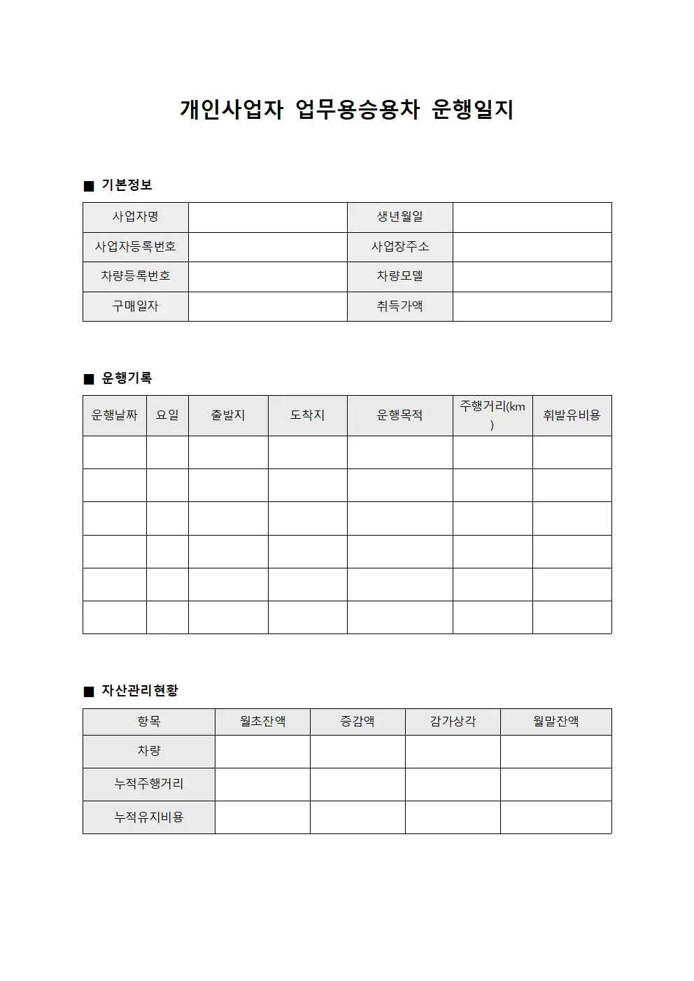 개인사업자업무용승용차 운행일지 - 자산관리 현황