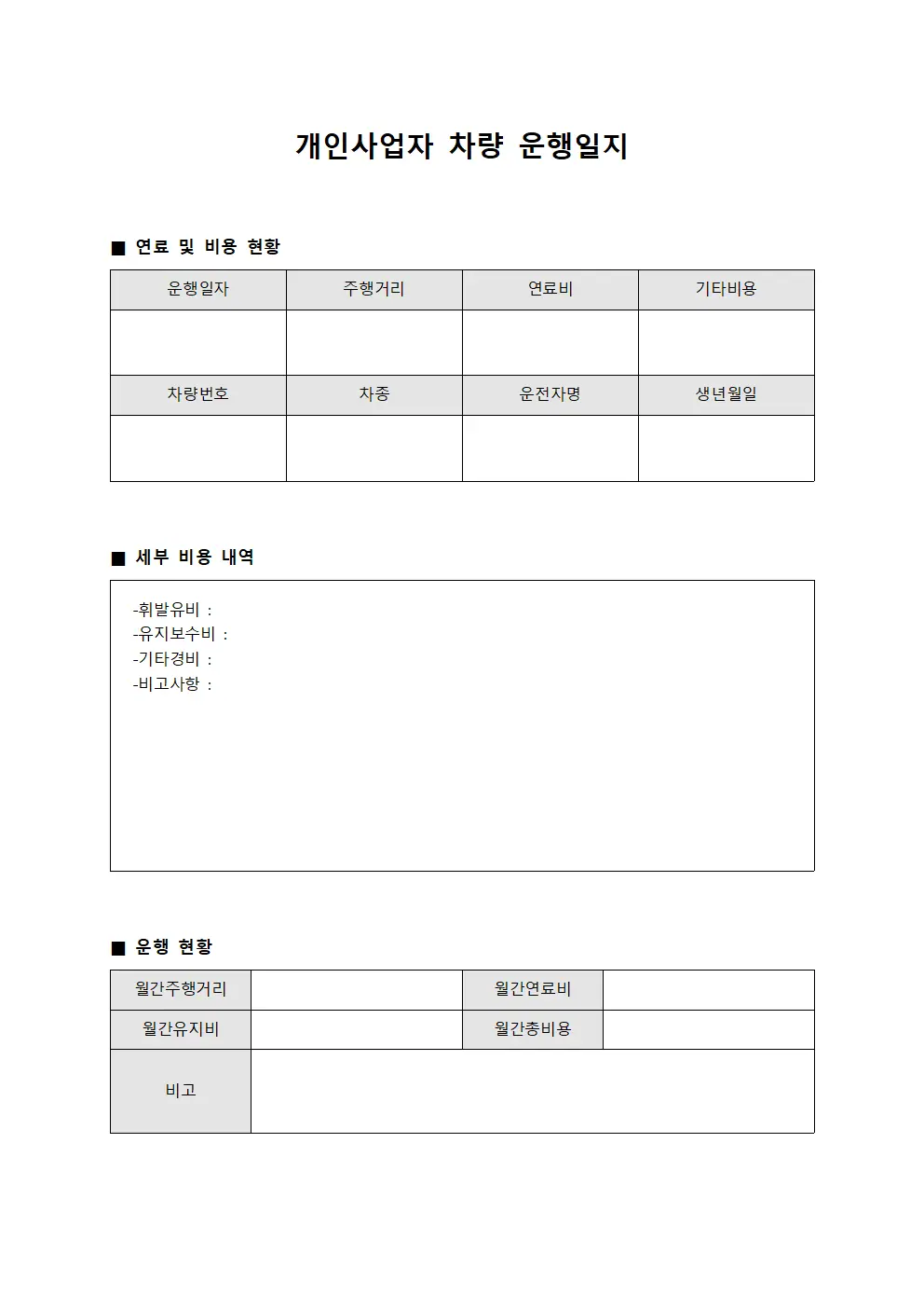 개인사업자차량 운행일지 - 연료 및 비용 현황
