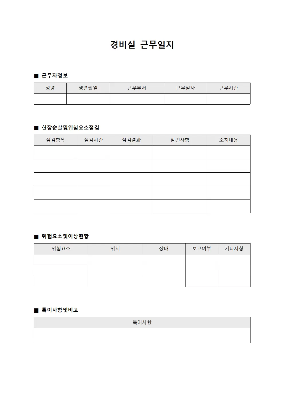 경비실근무일지 - 현장순찰 및 위험요소 점검현황