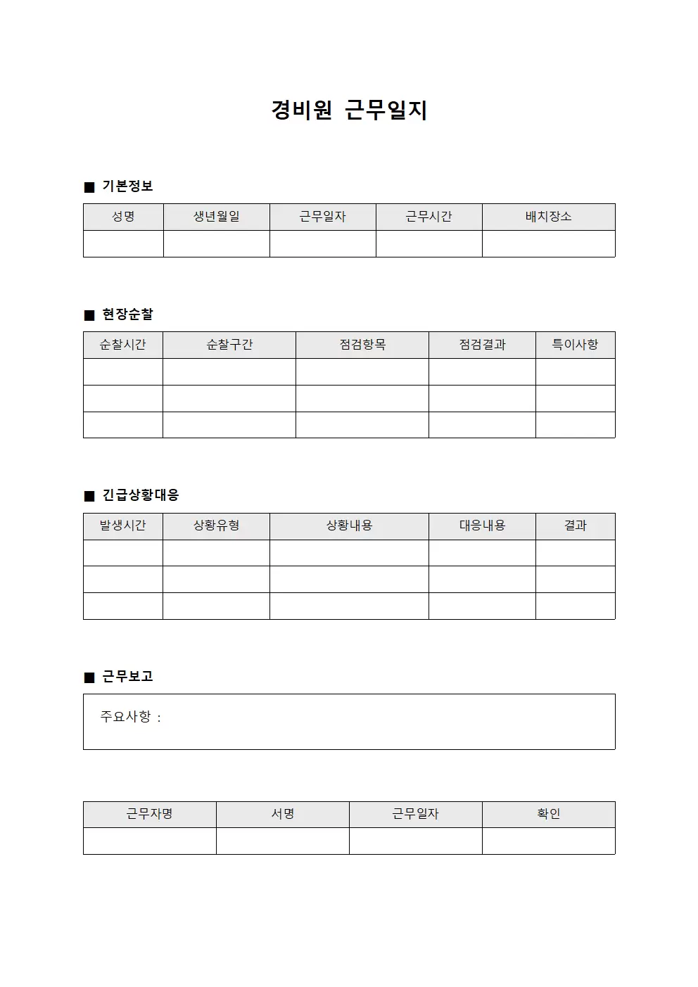 경비원근무일지 - 현장순찰 및 긴급상황 대응현황