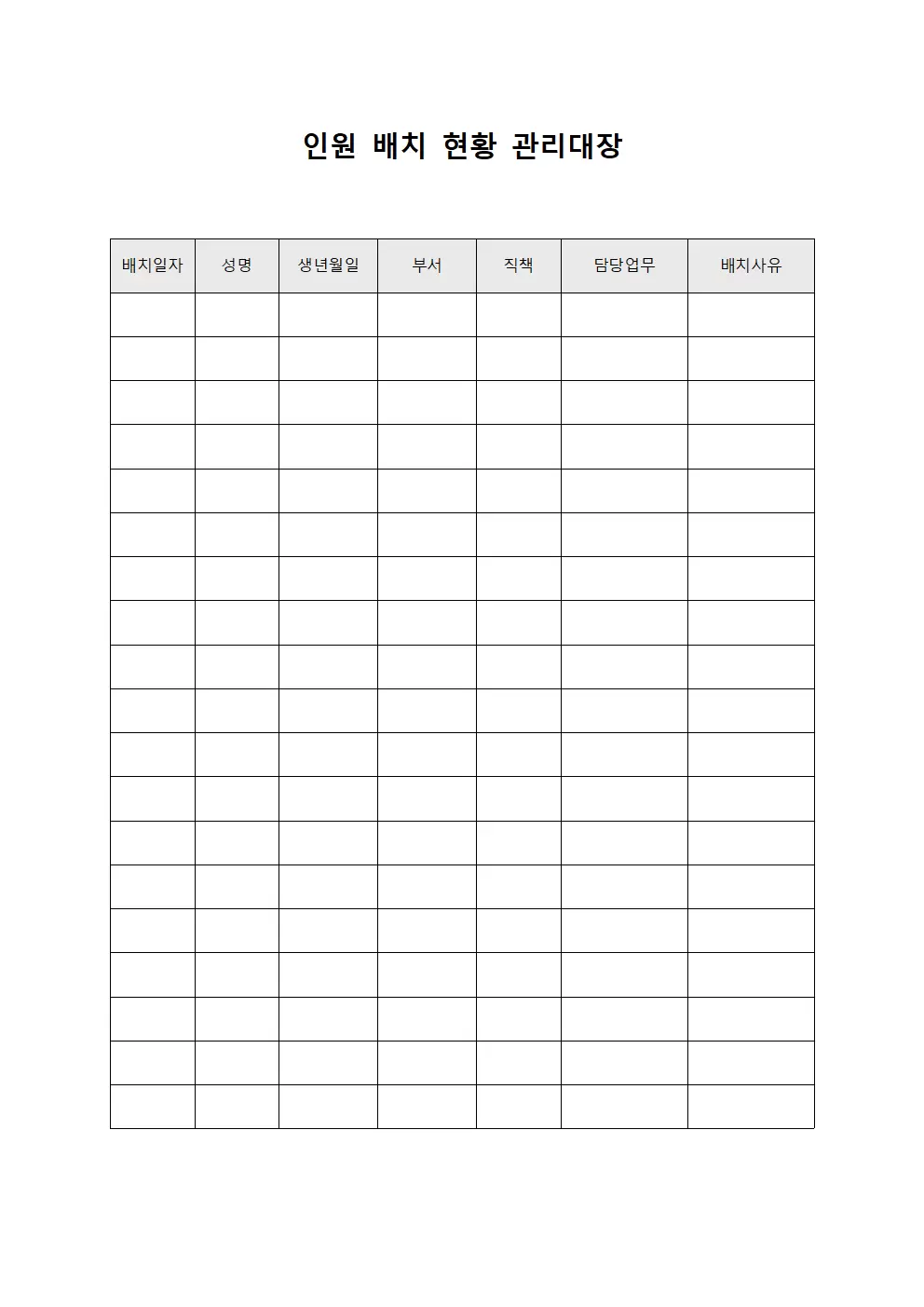 인원 배치 현황 관리대장
