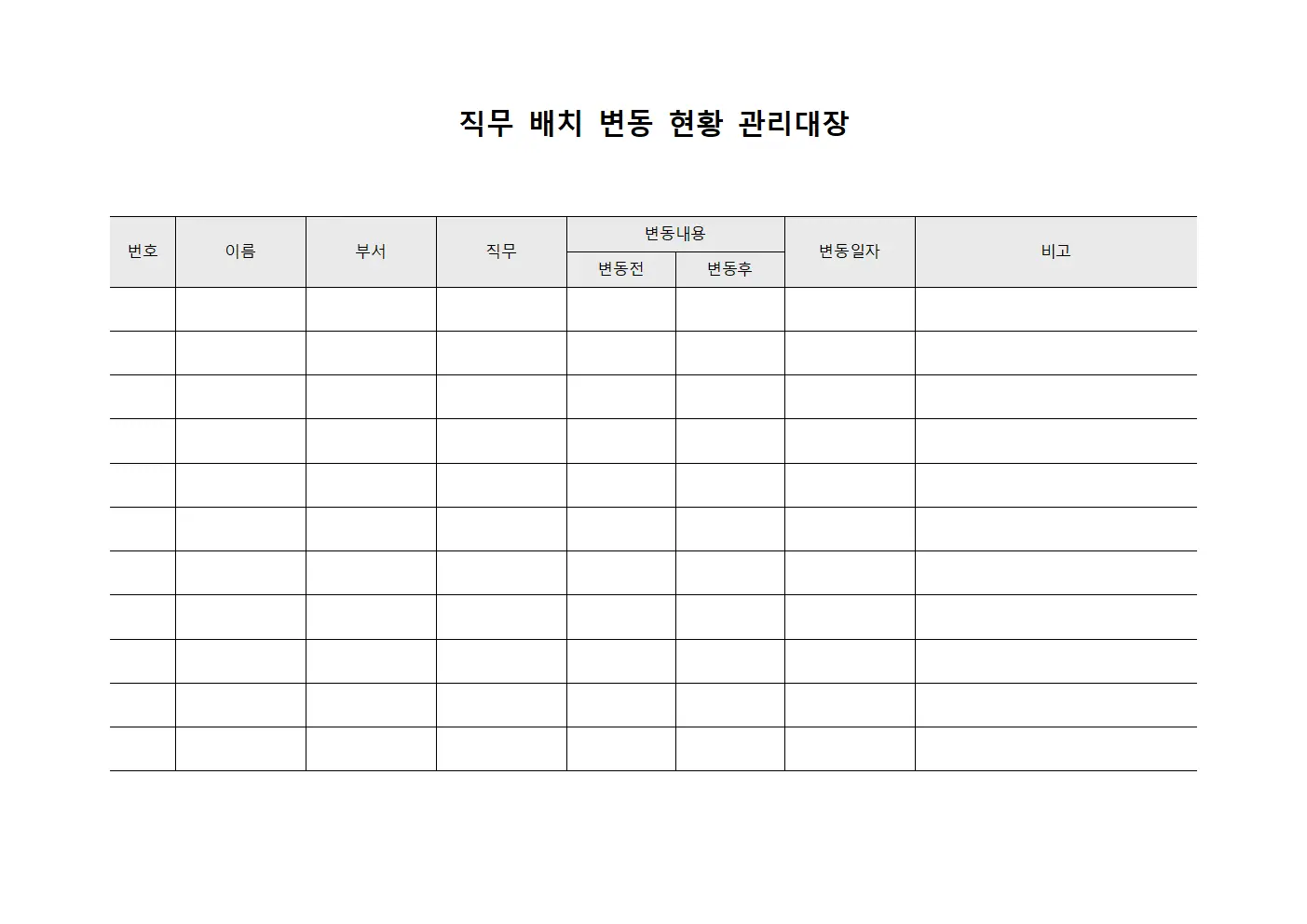 직무 배치 변동 현황 관리대장