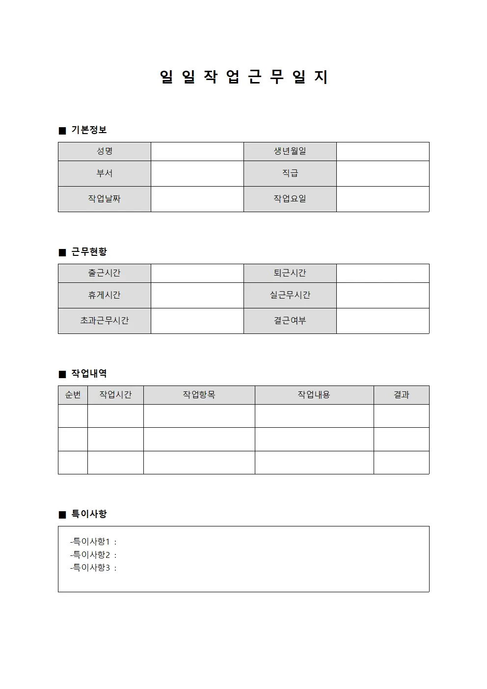 일일작업 근무일지 처리내역