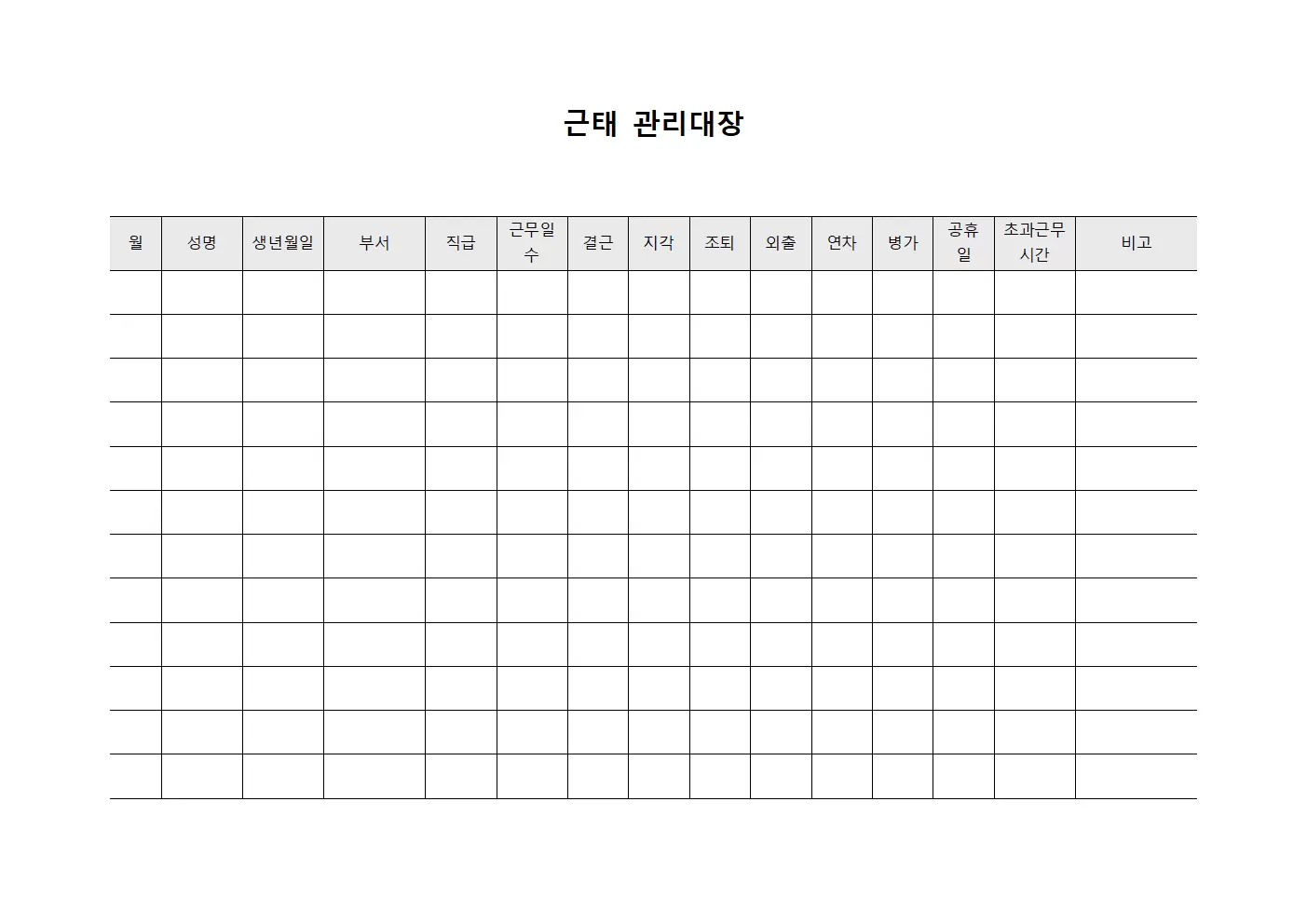 월간 근태관리대장 및 초과근무현황 파일양식
