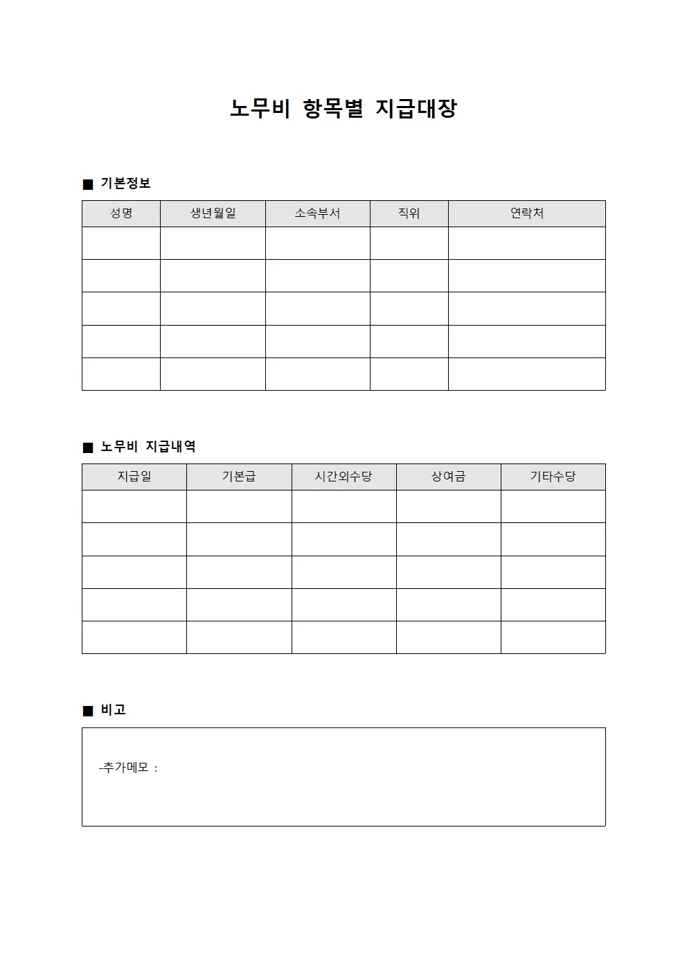 노무비 항목별 지급대장 파일양식