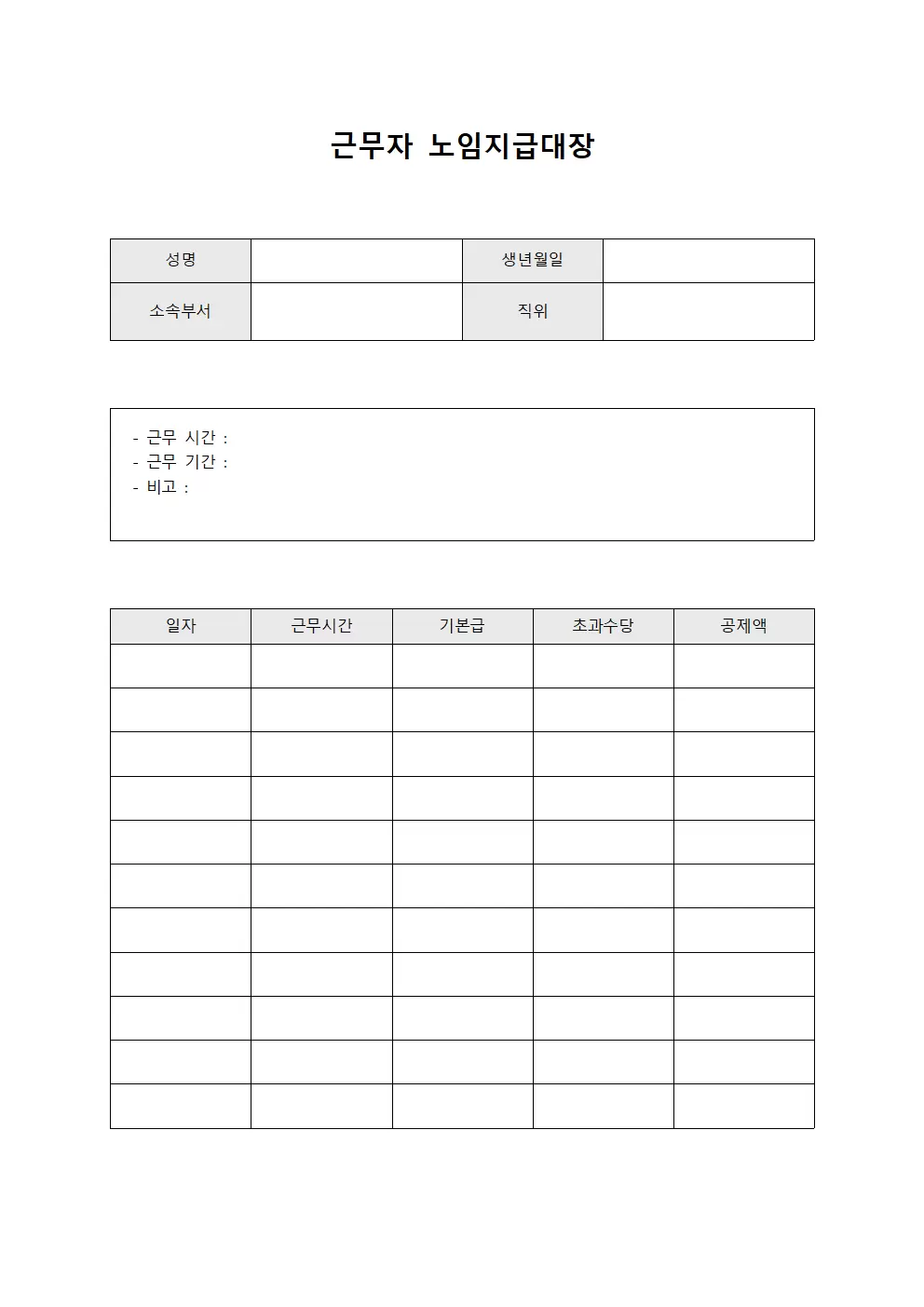 근무자 급료 노임지급대장 수령현황