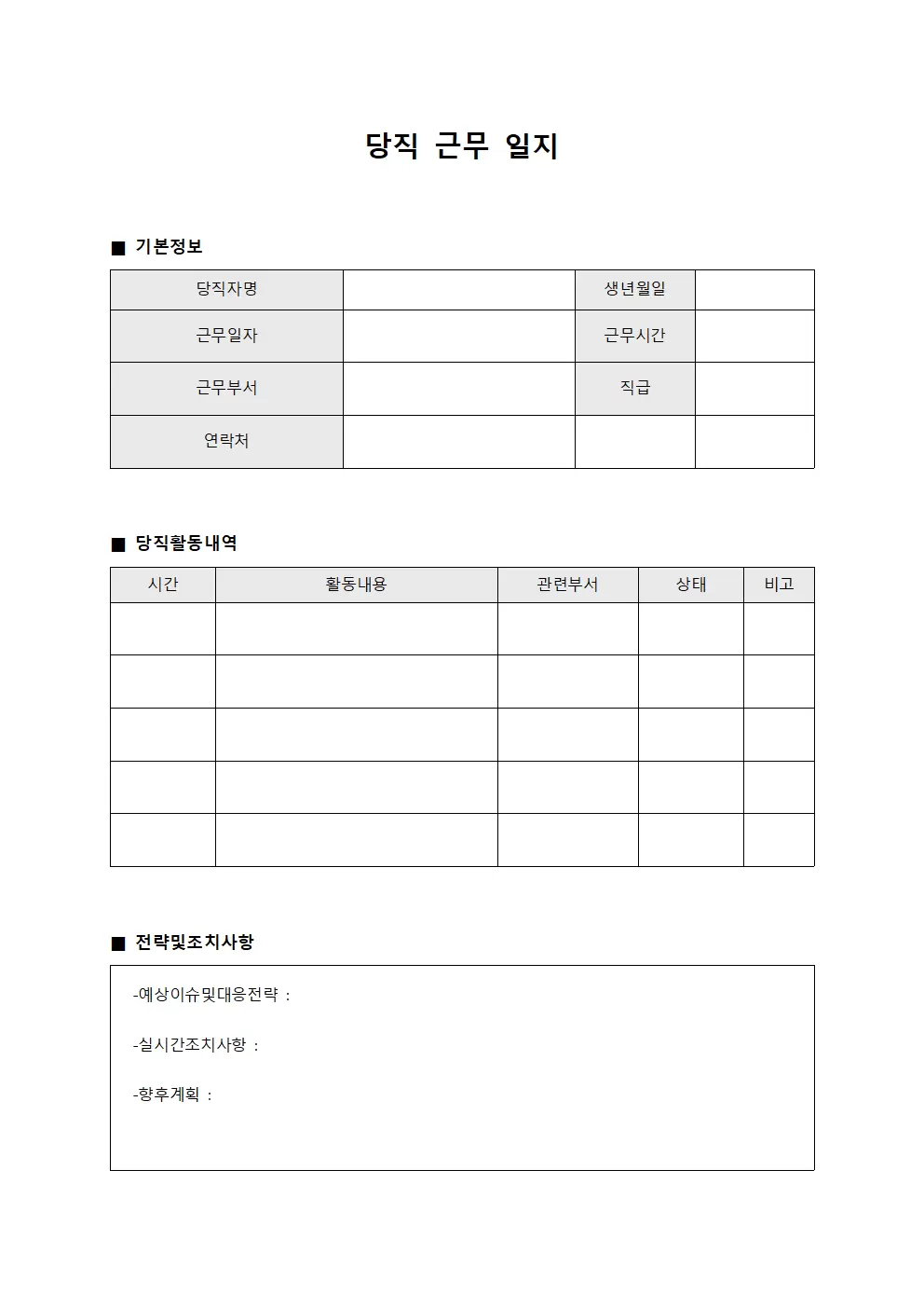 당직근무일지 (전략 수립)