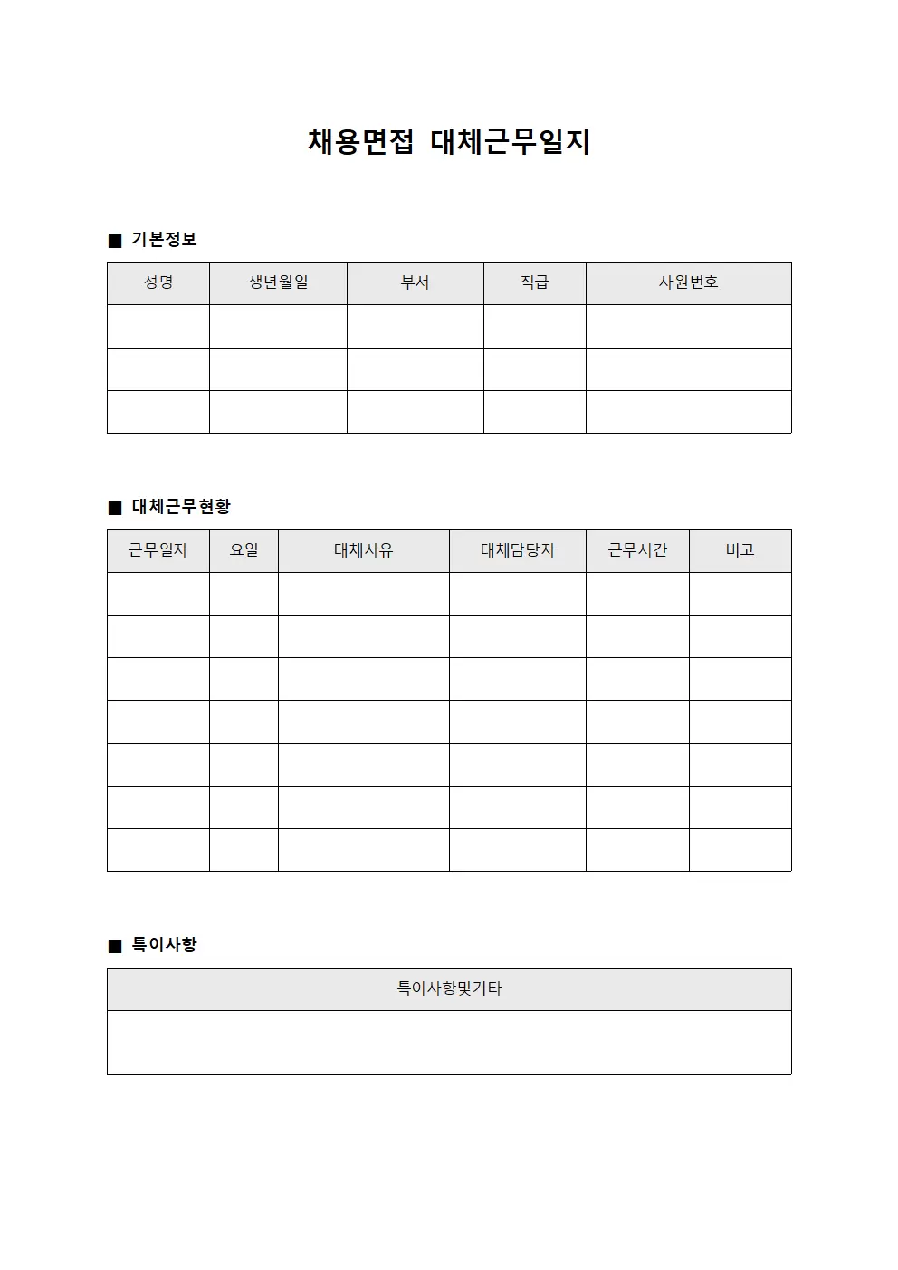 채용면접 대체근무일지 현황