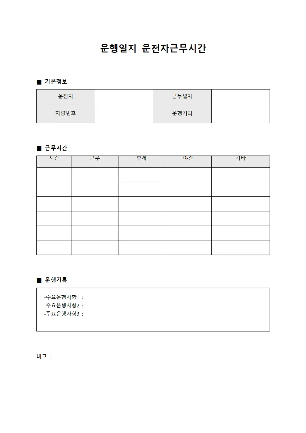운행일지 운전자근무시간 템플릿
