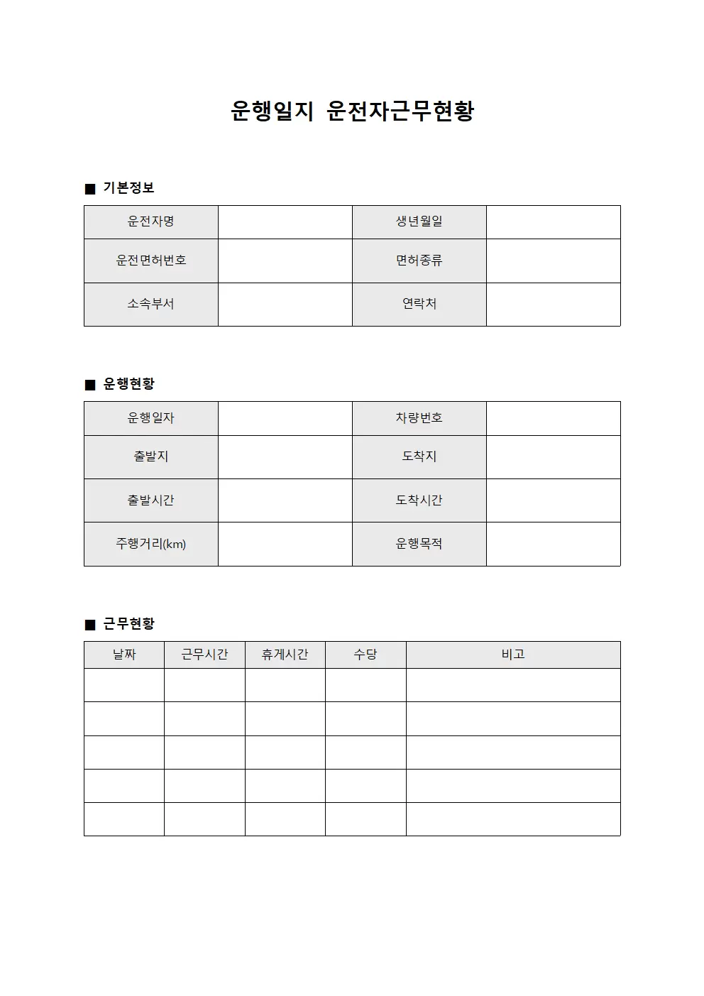 운행일지 운전자근무현황 양식