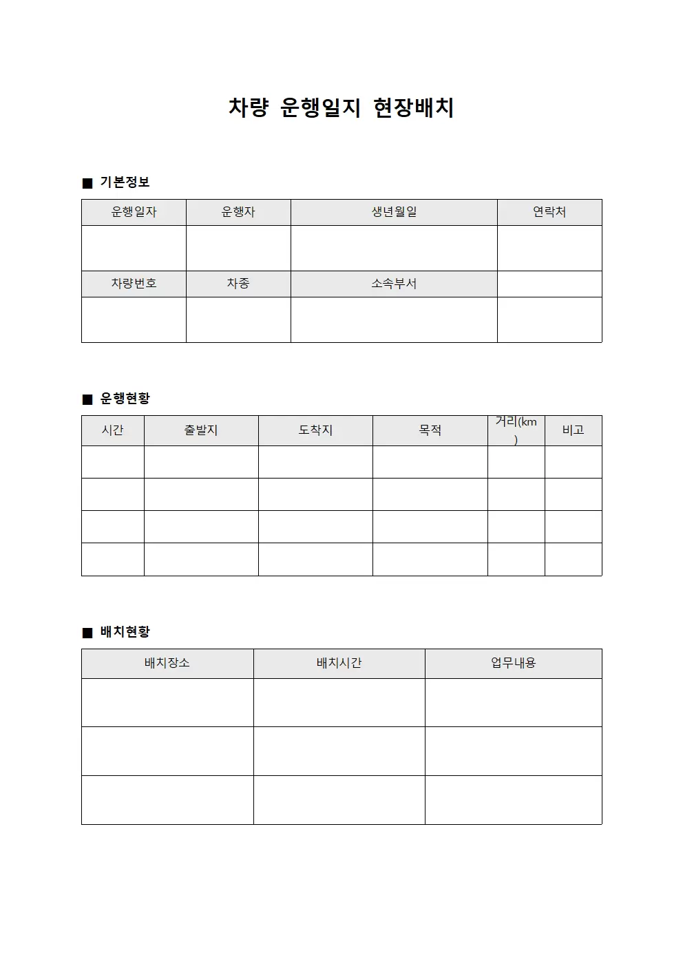 차량 운행일지 현장배치 양식.서식