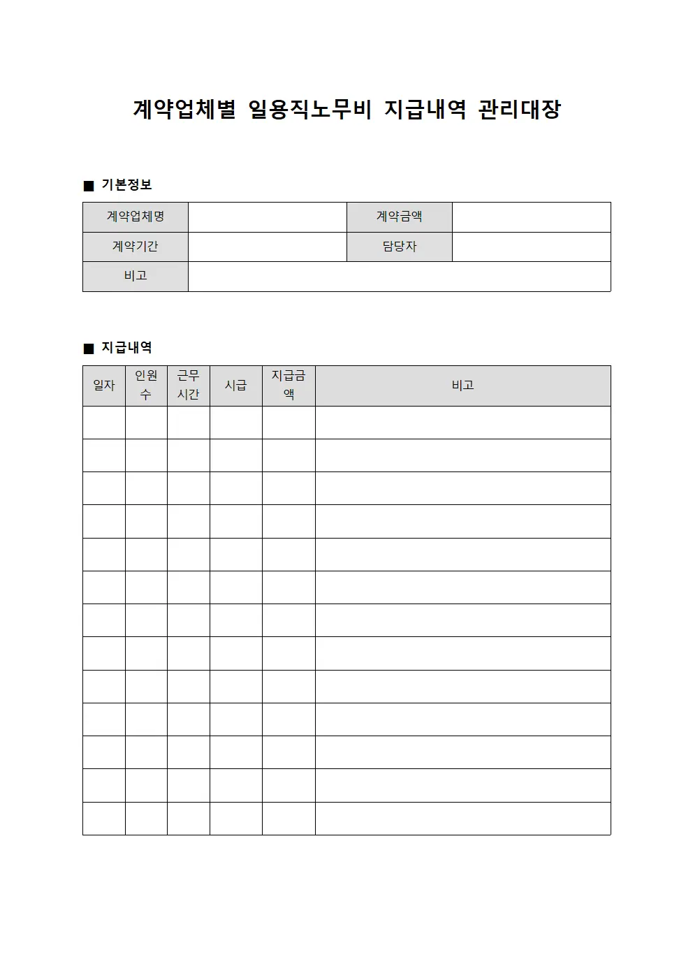 계약업체별 일용직노무비 지급내역 관리대장