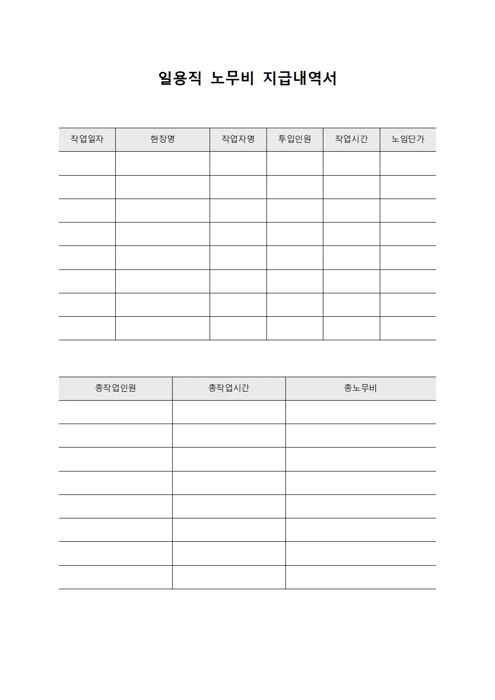 일용직 노무비 지급내역서 파일양식