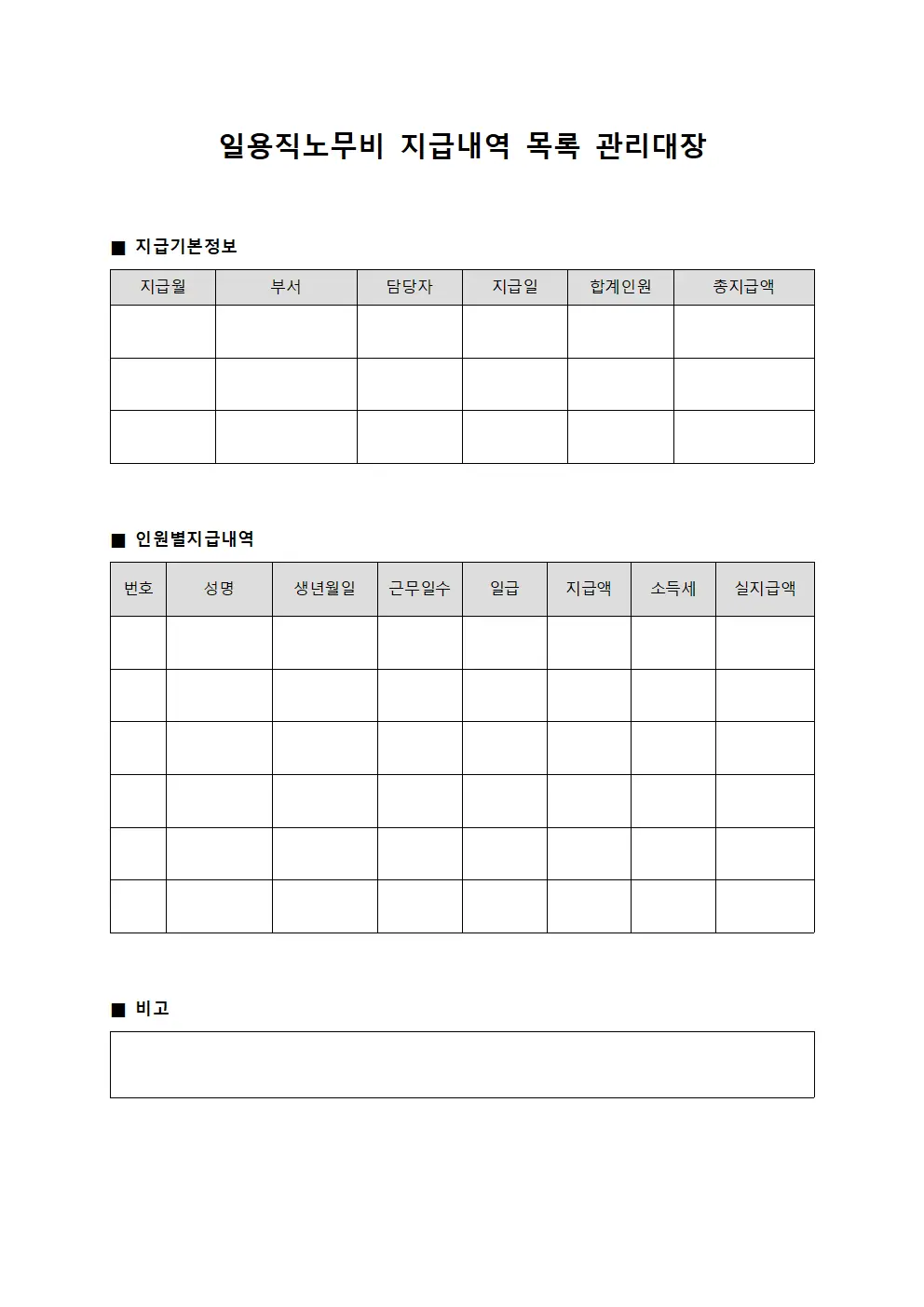 일용직노무비 지급내역 목록 관리대장